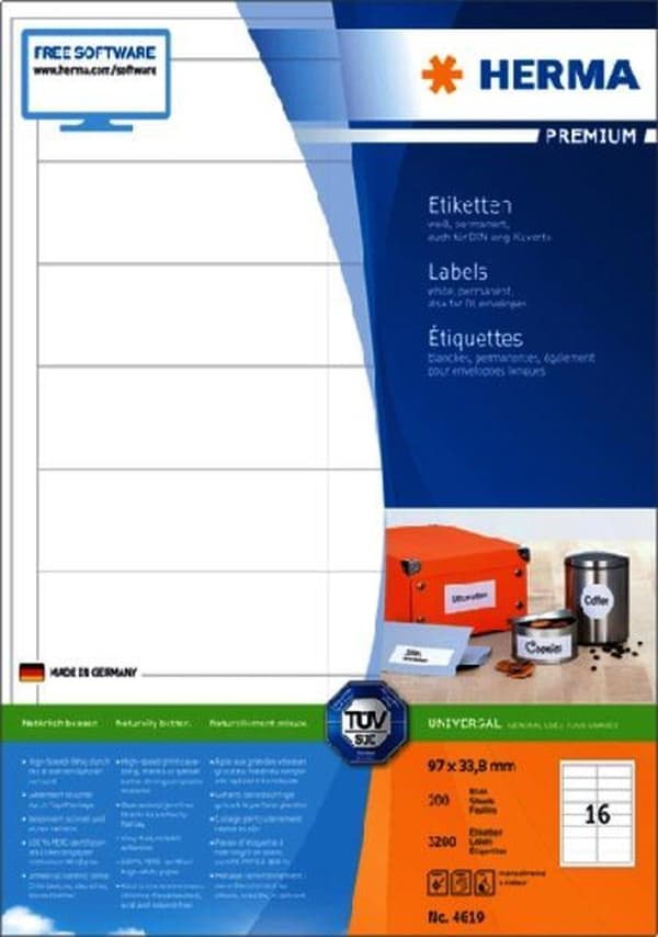 Herma Premium Etiketter 97x33,8 200 ark DIN A4 3200 st 4619