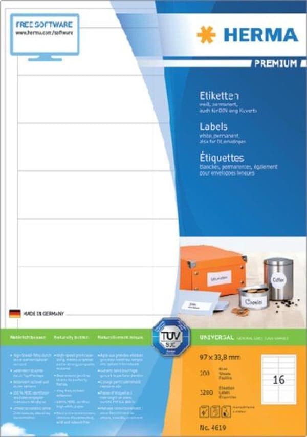 Herma Premium Etiketter 97x33,8 200 ark DIN A4 3200 st 4619