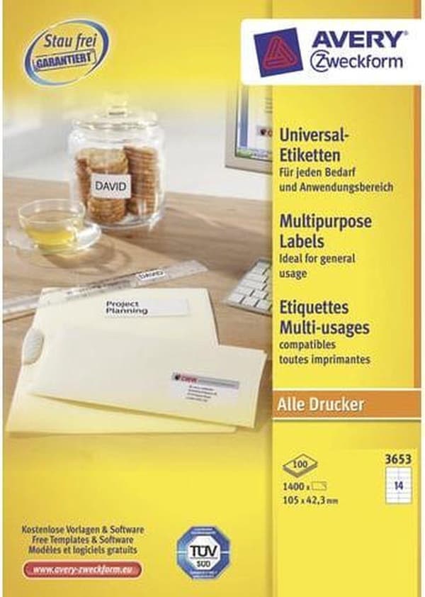 Avery white tarrat QuickPeel muoto 105 x 423 mm (lxk) 1 400 kpl 14 per arkki 100 arkin laatikko
