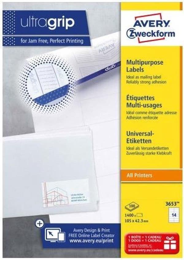Avery white tarrat QuickPeel muoto 105 x 423 mm (lxk) 1 400 kpl 14 per arkki 100 arkin laatikko