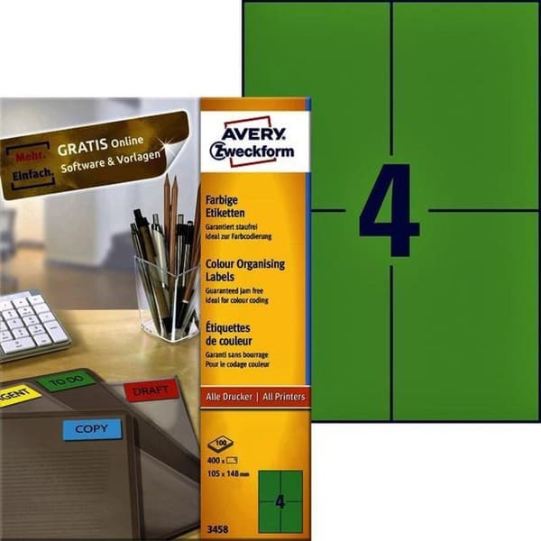Avery färgade universaletiketter format 105 x 148 mm (bxh) 400 stycken grön