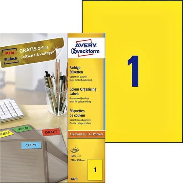 Yksityinen etiketti Avery 3473 Värillinen etiketti 210X297 Keltainen