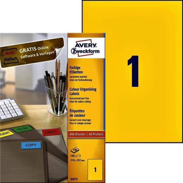 Yksityinen etiketti Avery 3473 Värillinen etiketti 210X297 Keltainen