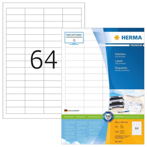 HERMA Tarrat valkoinen 48,3x16,9 Premium A4 6400 kpl.