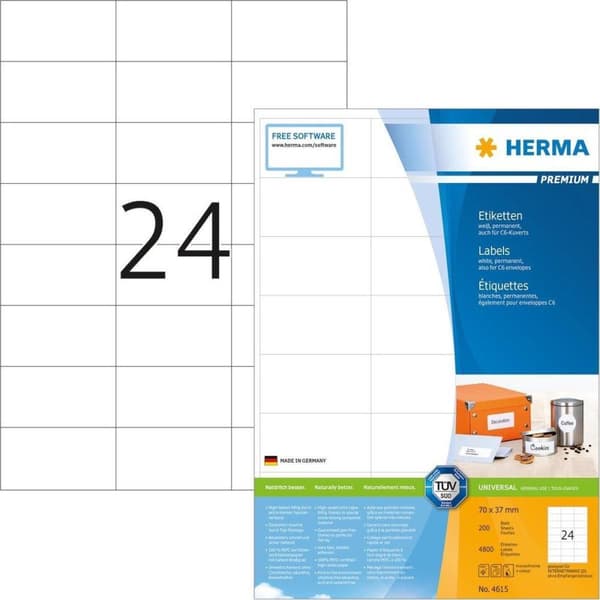 Herma Prem. Etiketter vita 70x37 200 ark DIN A4 4800 st 4615