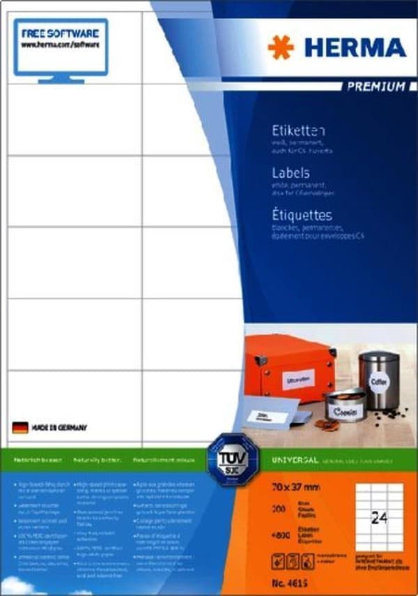 Herma Prem. Etiketter vita 70x37 200 ark DIN A4 4800 st 4615