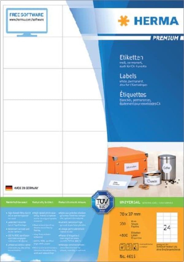 Herma Prem. Etiketter vita 70x37 200 ark DIN A4 4800 st 4615