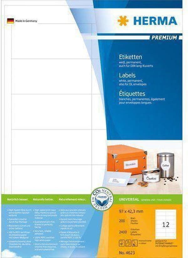 Herma skrivaretiketter Etiketter vitt 97x42,3mm papper 2400 St.