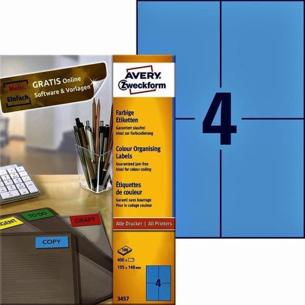 Avery farvede etiketter, blå, 105,0 x 148,0 mm, permanent klæbende