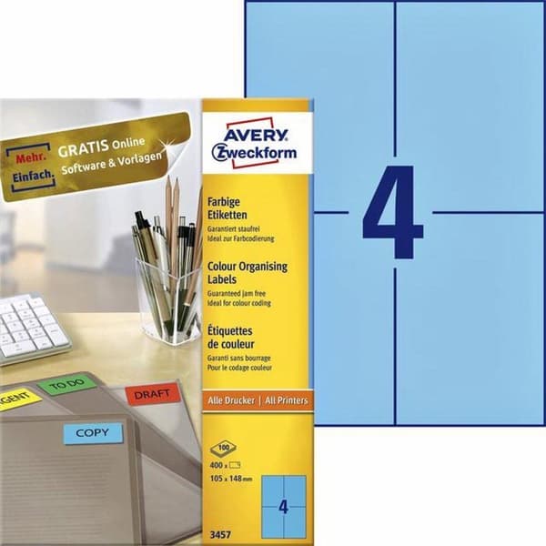 Avery farvede etiketter, blå, 105,0 x 148,0 mm, permanent klæbende
