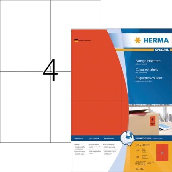 herma cl. etiket. rød 105X148 100 ark DIN A4 400 stk 4397