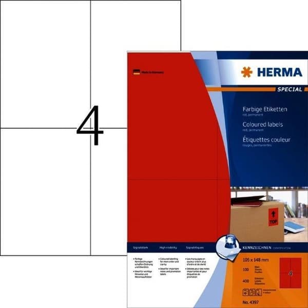 herma cl. etiket. rød 105X148 100 ark DIN A4 400 stk 4397
