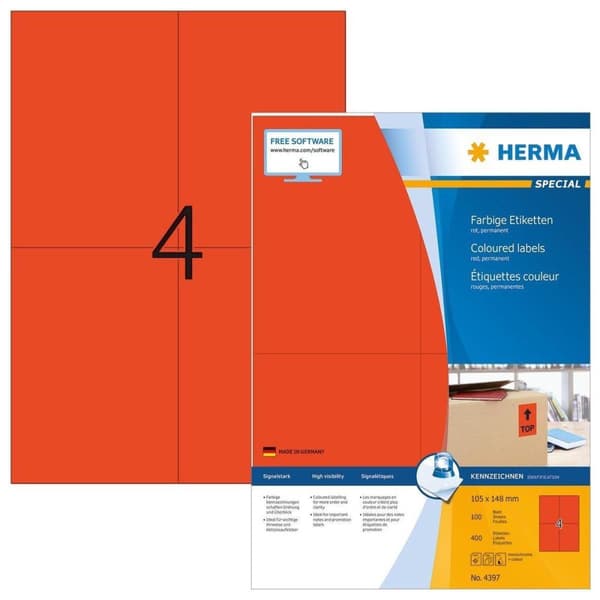 herma cl. etiket. rød 105X148 100 ark DIN A4 400 stk 4397