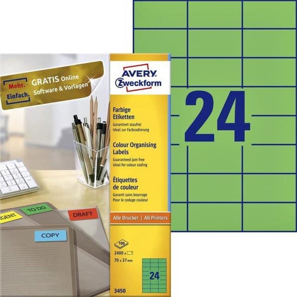 Avery Farvede universaletiketter format 70 x 37 mm (bxh) 2.400 stykker grøn