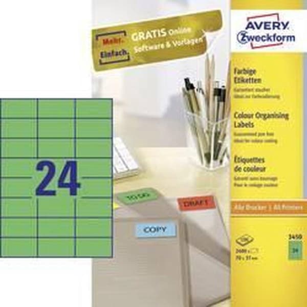 Avery Farvede universaletiketter format 70 x 37 mm (bxh) 2.400 stykker grøn