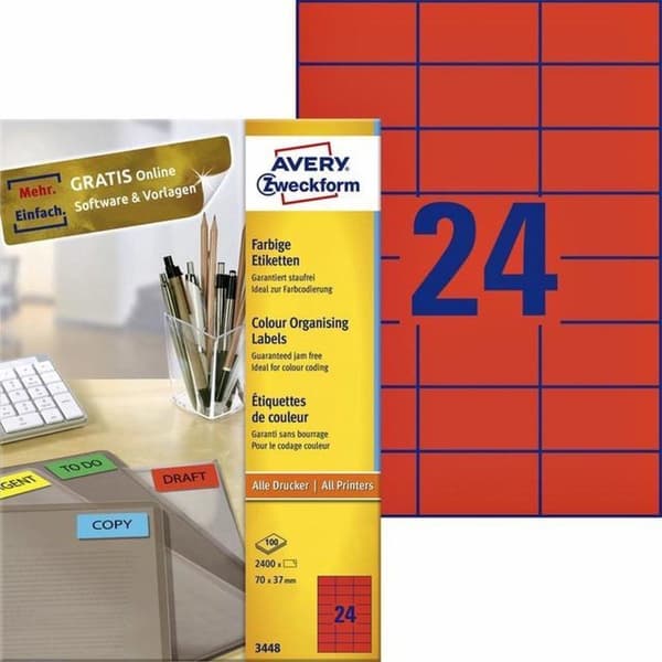 Avery värilliset etiketit, punainen, 70,0 x 37,0 mm, pysyvä liima