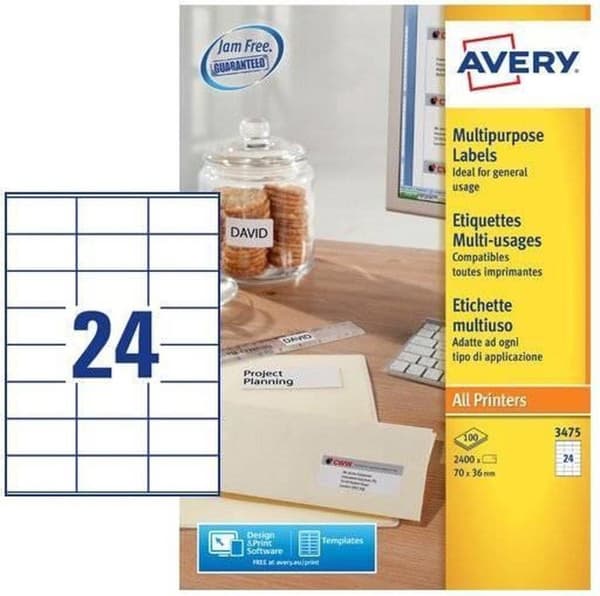 Avery vita etiketter QuickPeel format 70 x 36 mm (bxh) 2 400 stycken 24 per ark låda med 100 ark