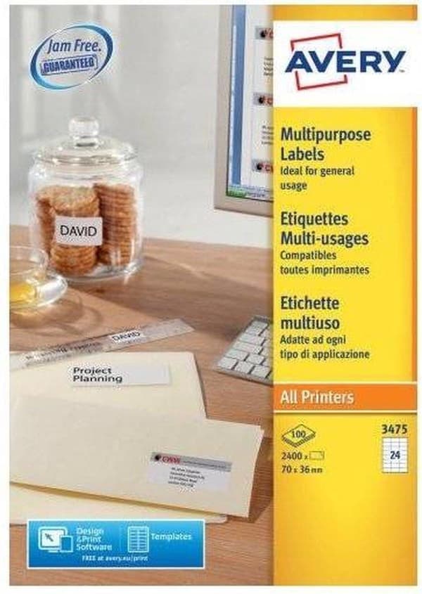 Avery vita etiketter QuickPeel format 70 x 36 mm (bxh) 2 400 stycken 24 per ark låda med 100 ark
