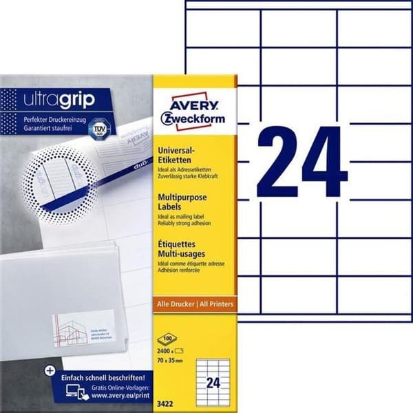 Avery hvide etiketter QuickPeel format 70 x 35 mm (bxh) 2.400 stykker 24 pr. ark æske med 100 ark