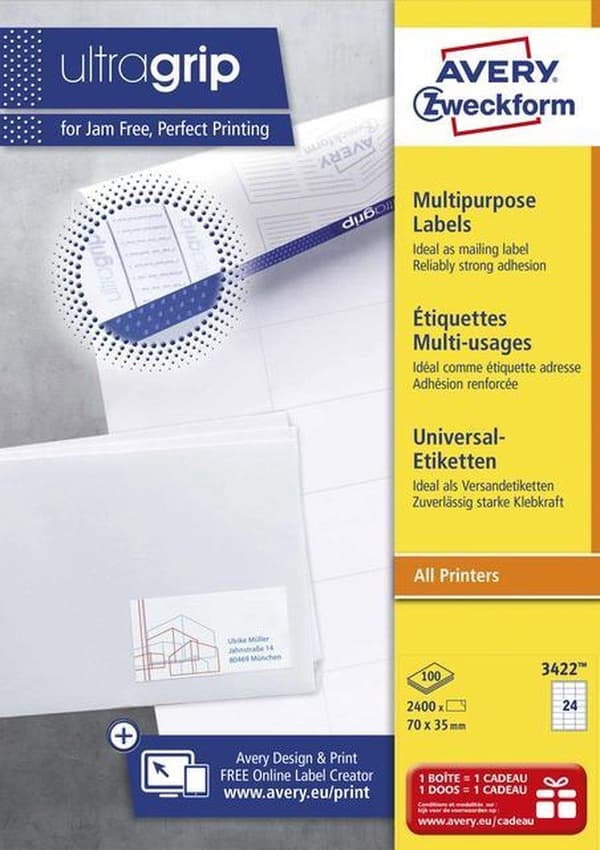 Avery hvide etiketter QuickPeel format 70 x 35 mm (bxh) 2.400 stykker 24 pr. ark æske med 100 ark