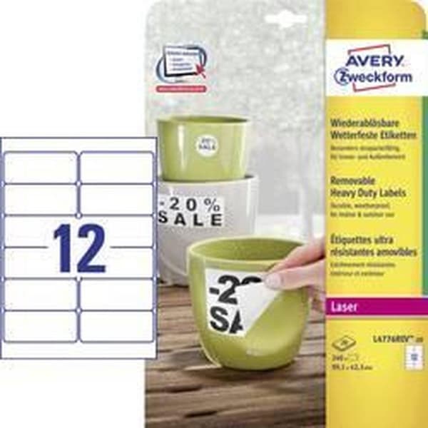 Avery irrotettavat säänkestävät tarrat, koko 991 x 423 mm (lxk) valkoinen laatikko, jossa 240 tarraa