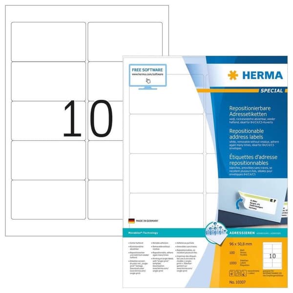 Herma 10307 Osoitetarra. Siirrettävä A4 100 96X50.8