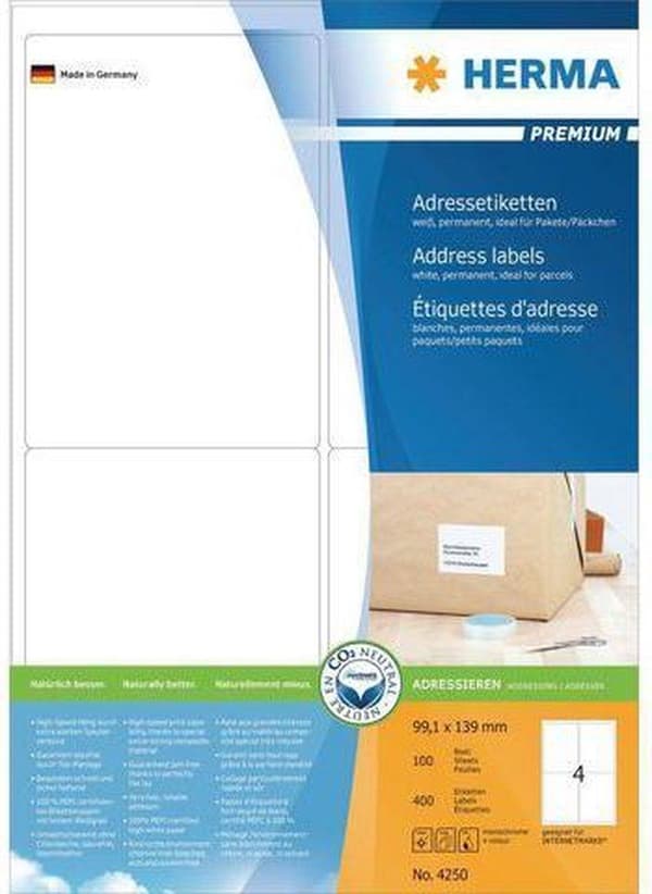 HERMA Osoitetarrat valkoinen 99,1x139 Premium A4 400 kpl.
