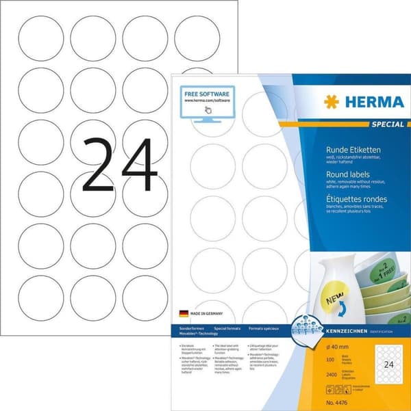 Herma Movables Etiketter runda 40 100 ark DIN A4 2400 st 4476