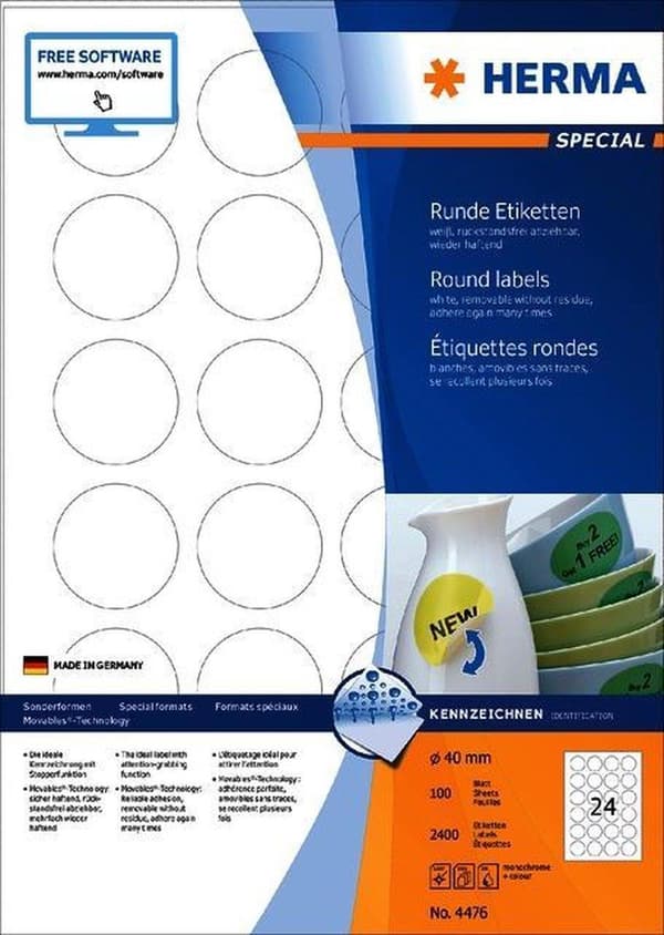Herma Movables Etiketter runda 40 100 ark DIN A4 2400 st 4476