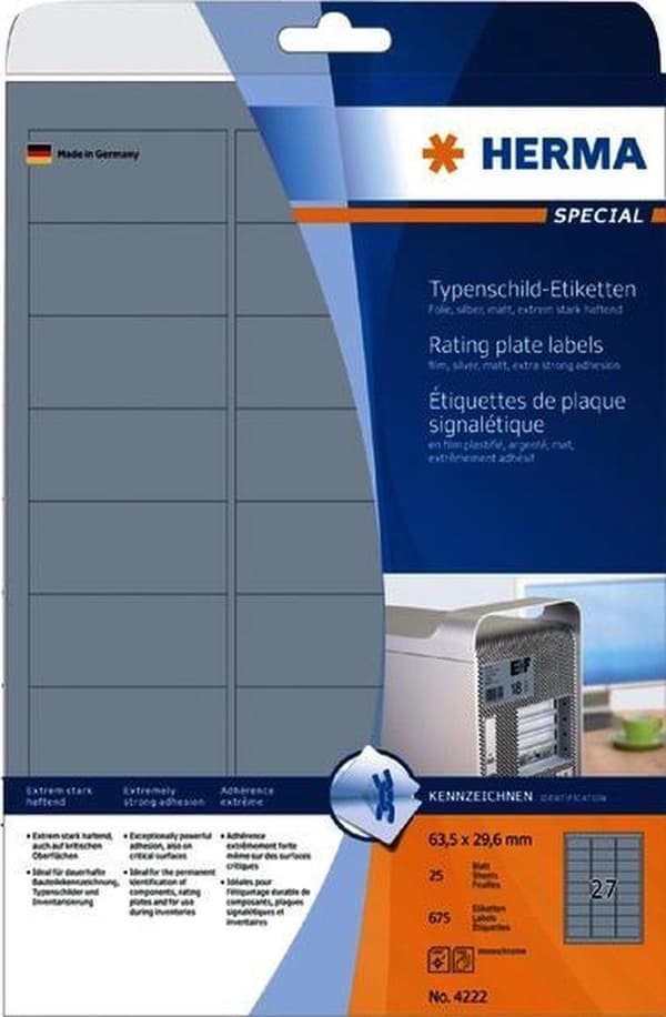 HERMA Typeshield-etiketter A4 63,5x29,6 mm Folie 675 Styck