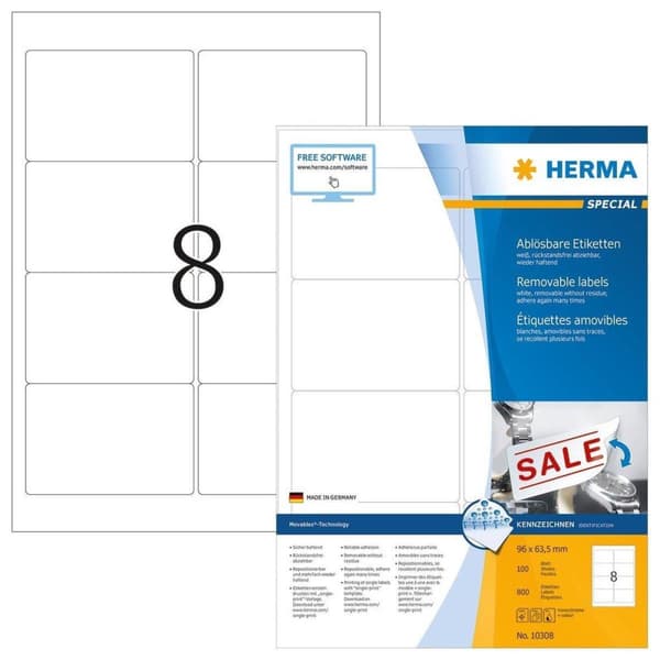 Herma etiketter. 96X63,5 100 Bl. DIN A4 800 stk 10308