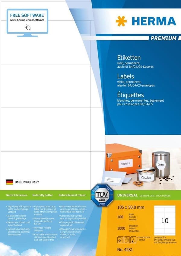 HERMA Etiketter vit 105x50,8 Premium A4 1000 st.