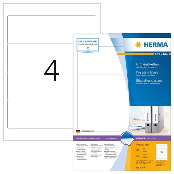 HERMA Filetiketter vit 192x61 A4 400 st.