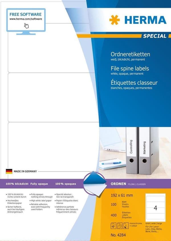 HERMA Filetiketter vit 192x61 A4 400 st.