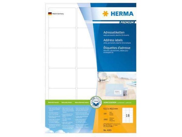 HERMA Adressetiketter vit 63,5x46,6 Premium A4 1800 st.