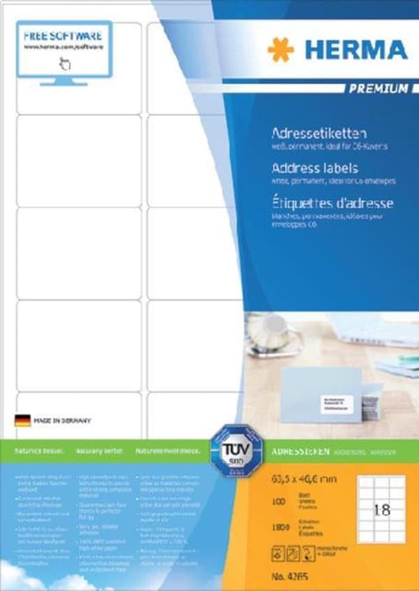 HERMA Adressetiketter vit 63,5x46,6 Premium A4 1800 st.