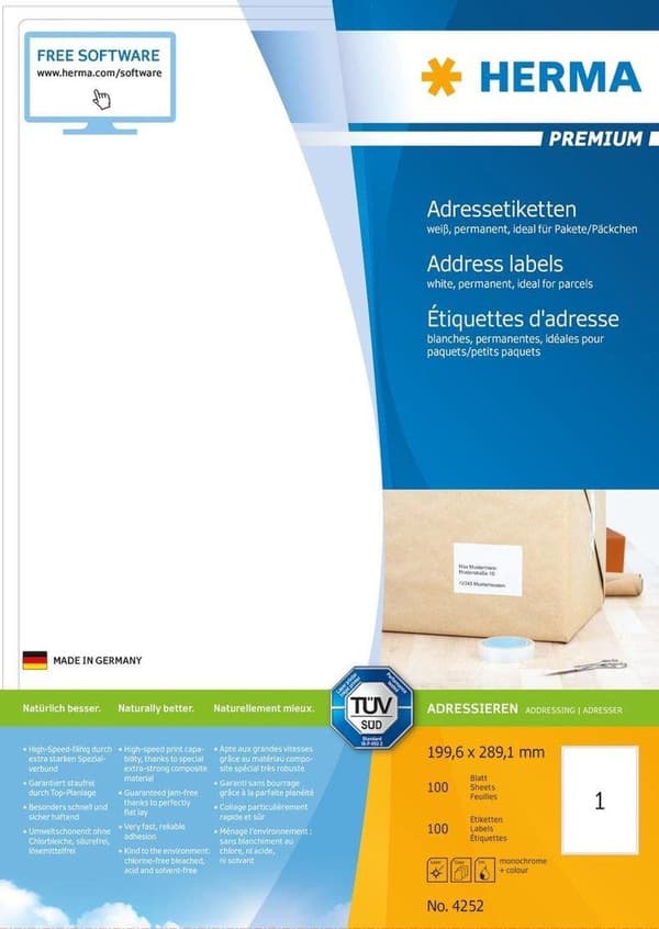 HERMA Adressetiketter vit 199,6x289,1 Premium A4 100 st.
