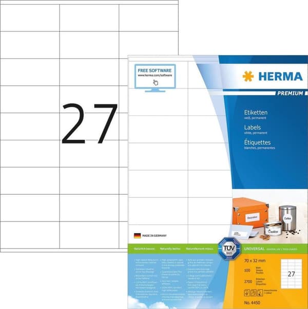Herma Prem. Tarrat valkoiset 70x32 100 arkkia DIN A4 2700 kpl 4450