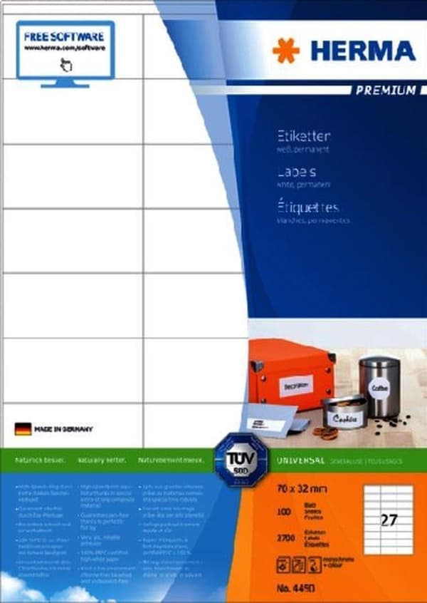 Herma Prem. Tarrat valkoiset 70x32 100 arkkia DIN A4 2700 kpl 4450