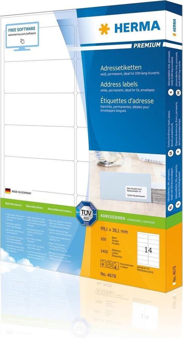 Herma Prem. adr.etik. 99,1x38,1 100 ark DIN A4 1400 stk 4678