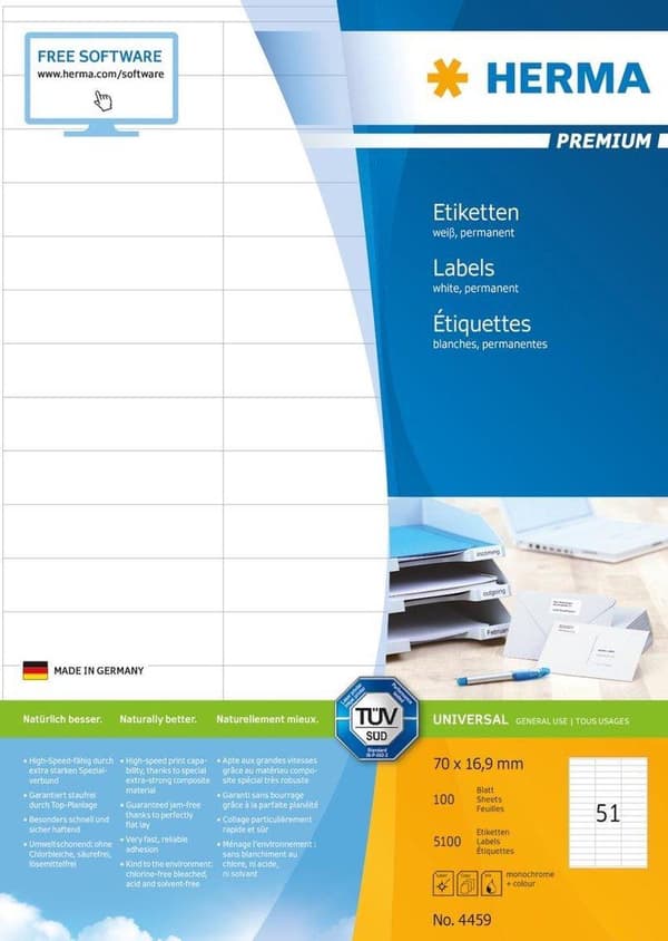 Herma Premium Etiketter 70x16,9 100 ark DIN A4 5100 st 4459