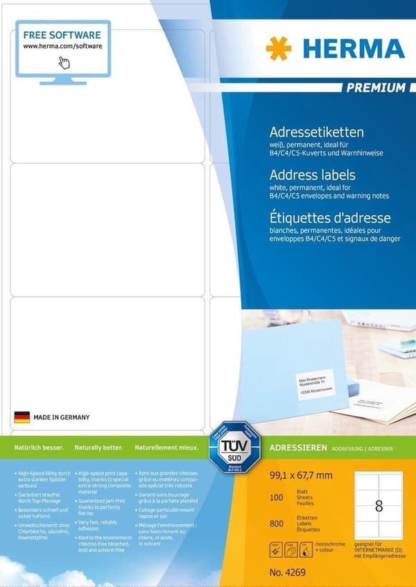 HERMA Adressetiketter vit 99,1x67,7 Premium A4 800 st.