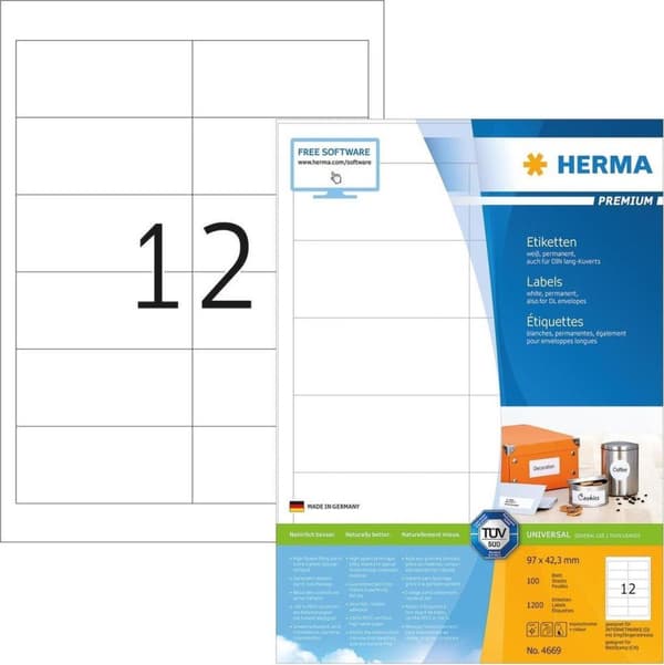 Herma Prem. etiketter 97x42,3 100 ark DIN A4 1200 stk 4669