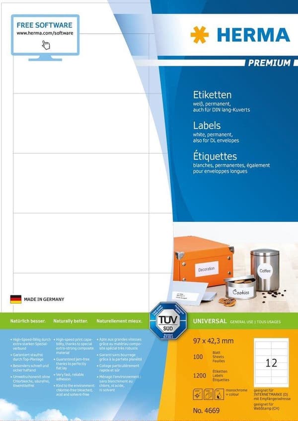 Herma Prem. etiketter 97x42,3 100 ark DIN A4 1200 stk 4669