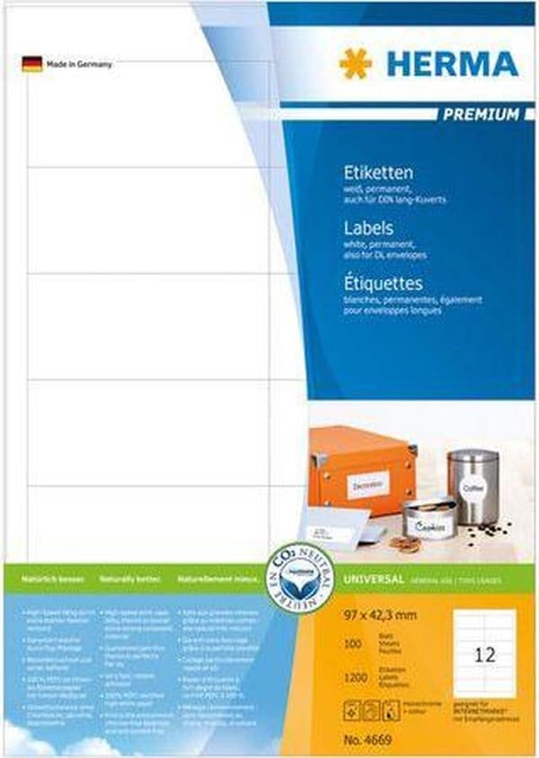 Herma Prem. etiketter 97x42,3 100 ark DIN A4 1200 stk 4669