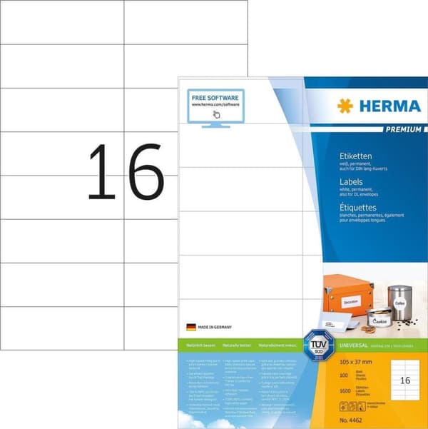 Herma Premium Labels 105x37 100 ark DIN A4 1600 stk 4462