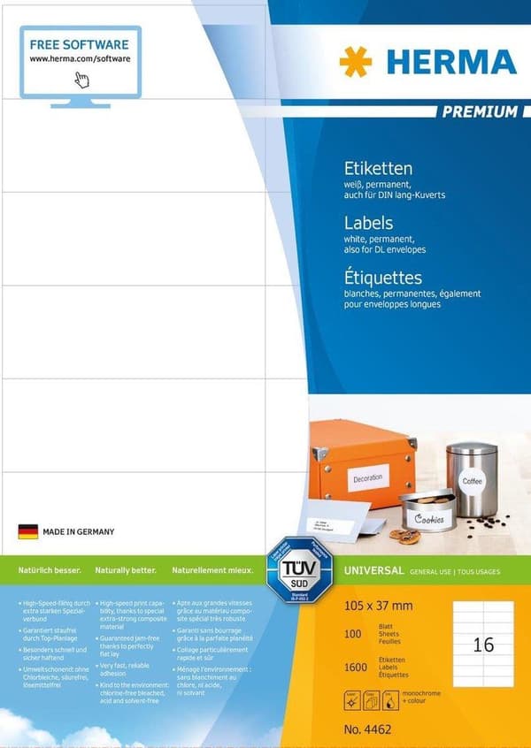 Herma Premium Labels 105x37 100 ark DIN A4 1600 stk 4462