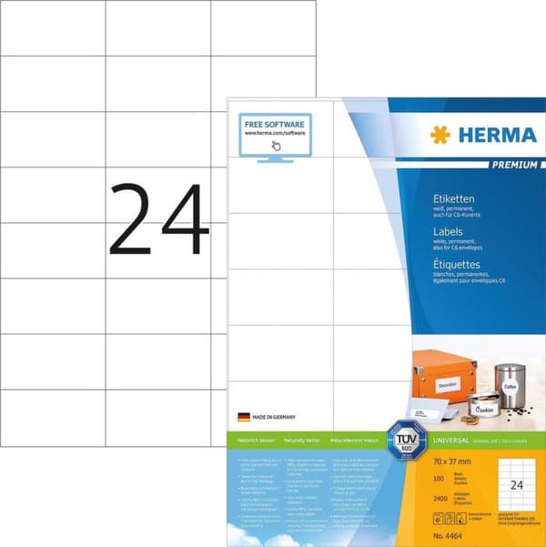 Herma Prem. Etiketter hvid 70x37 100 ark DIN A4 2400 stk 4464