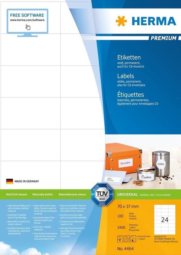 Herma Prem. Etiketter hvid 70x37 100 ark DIN A4 2400 stk 4464