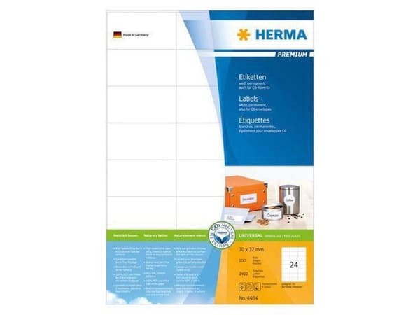 Herma Prem. Etiketter hvid 70x37 100 ark DIN A4 2400 stk 4464